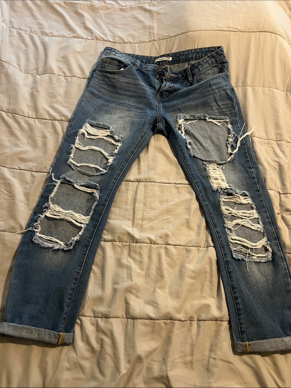 American Bazi Distressed Light-Medium Blue Ripped Boyfriend Jeans